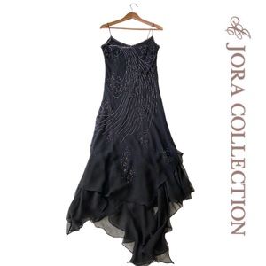Black Beaded Asymmetrical Slip Dress